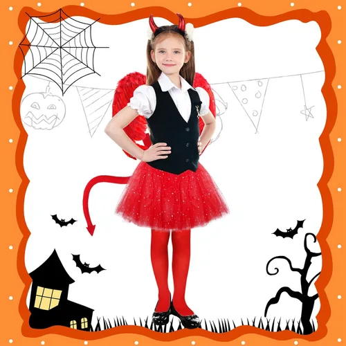 Vista 7 de 6Pcs White Angel Costume Set Feather Angel Wings Halo Headband High Tights Wand Tutu Skirt for Girls Cosplay