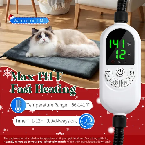 Vista 3 de Almohadilla térmica para mascotas de 18 x 28 pulgadas, cama térmica para perros y gatos con 12 ajustes de temperatura y temporizador, alfombrilla