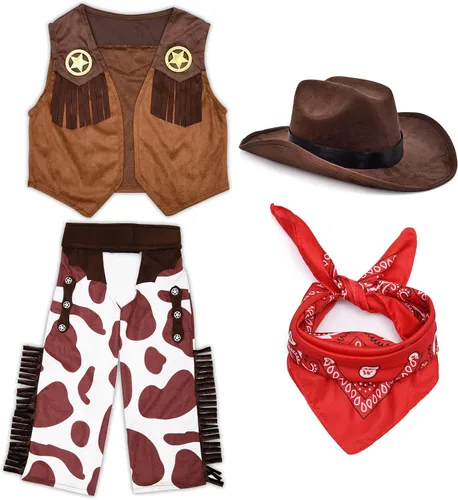 Vista 5 de Kids Cowboy Costume Boys Halloween Dress Up Cosplay Set Birthday Party Role Play Western Chaps Outfit Hat Accessories