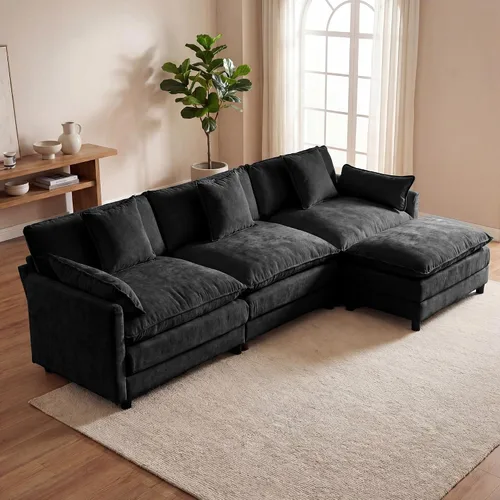 Vista 10 de Juego de sofá modular de 107 pulgadas con otomana, sofá convertible en forma de L, sofá de asiento profundo de felpilla de 3 plazas con almohadas