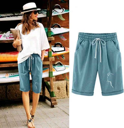 Vista 2 de Pantalones cortos de lino para mujer, con estampado de gatos, cintura elástica, talla grande, hasta la rodilla, pantalones cortos de entrenamiento