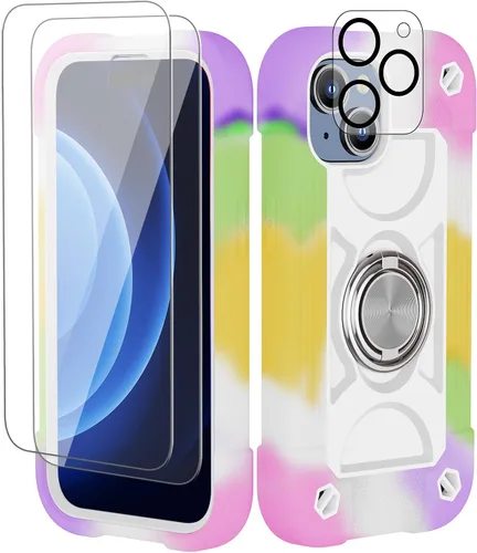 Vista 122 de Funda para iPhone 11 de 6.1 pulgadas con soporte de anillo, con 2 protectores de pantalla de vidrio, resistente a los golpes, resistente a