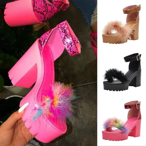 Vista 2 de Sandalias de verano casuales para mujer, sandalias de plataforma para caminar, sandalias de tacón alto grueso, sandalias con correa y plumas