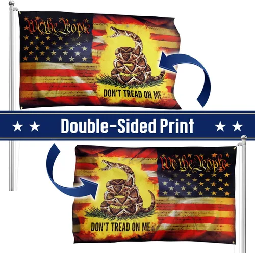 Vista 2 de Flagwix Bandera estadounidense patriótica "We The People, Don’t Tread On Me", 3 x 5 pies para exteriores, con ojales, tela de lona de doble cara