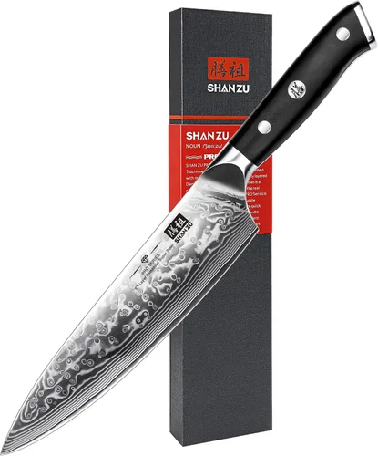 Vista 9 de Cuchillo de pan SHAN ZU de 8 pulgadas, cuchillo japonés de acero de Damasco con hoja ondulada serrada, cuchillo profesional afilado de acero super