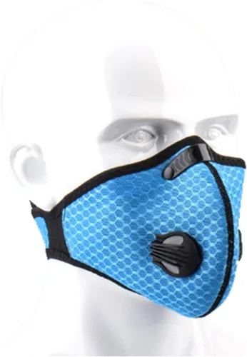 Vista 8 de Máscara deportiva de ciclismo a prueba de polvo con 2 filtros de carbono para el viento, esquí, entrenamiento, correr, motocicleta, negro, azul