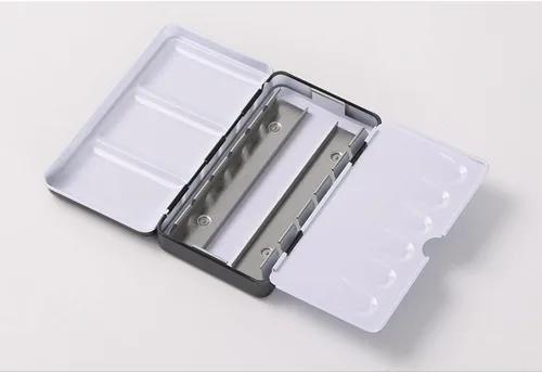 Vista 7 de Jinberry Lata de acuarela de metal con paleta de mezcla plegable, paleta de acuarela vacía multifuncional con sartenes, paleta de bandeja de pintura