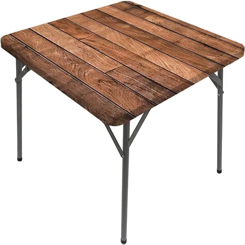 Vista 10 de Mesa cuadrada de tablones de madera, impresión de textura de tablones de madera, borde elástico, adecuada para catering y cocina, apta para mesa