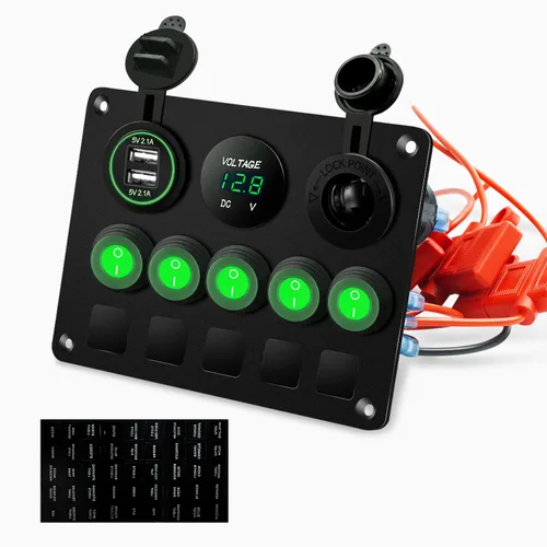 Vista 10 de Panel de Interruptores Basculantes Marinos de Barco de 5 Posiciones Azul Mejorado con Disyuntores, Panel de Interruptores Impermeable con Fusible