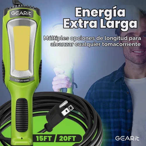 Vista 6 de GEARit Luz de trabajo LED COB de 20 pies 3000LM 27W, luz de tienda con cable con base magnética, gancho giratorio y toma de corriente incorporada