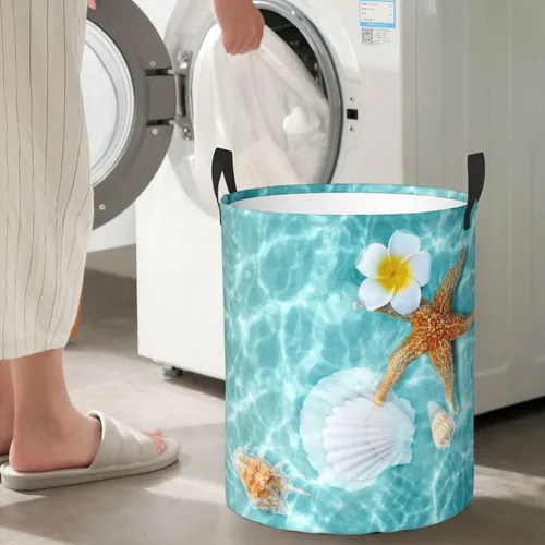 Vista 7 de Cesta de lavandería con diseño de estrellas de mar y flores, impermeable, plegable, con asa duradera, cesta de almacenamiento de ropa sucia redonda