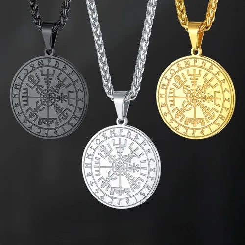Vista 3 de FaithHeart Collar con colgante de medalla vikinga nórdica, brújula nórdica de acero inoxidable, joyería de runa valknut para hombres y mujeres