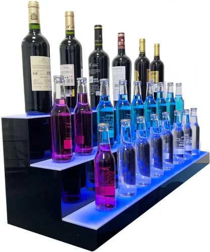 Vista 11 de Pantalla de botella de licor iluminada con LED de 31 pulgadas y 2 escalones, soporte de exhibición de barra de licor iluminado, estante de pantalla