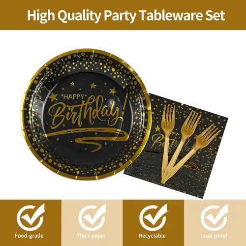 Vista 3 de 72 PIEZAS Platos y Servilletas de Feliz Cumpleaños Suministros para Fiestas, Platos y Servilletas de Papel con Puntos Negros y Dorados con Tenedores