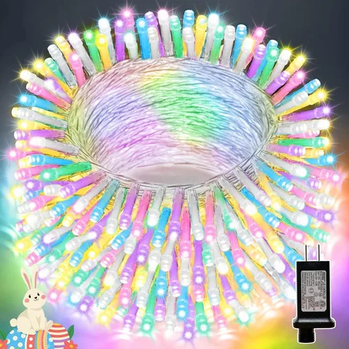 Vista 48 de Guirnalda de 100 luces LED de Pascua de 33 pies enchufables, multicolor pastel, 16 modos de luces parpadeantes, guirnalda de luces impermeables