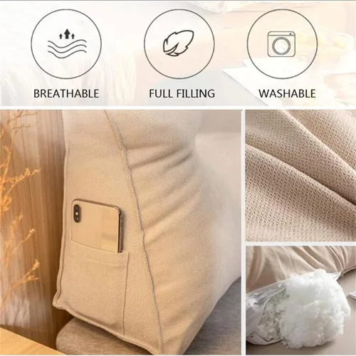 Vista 3 de Almohada triangular de lectura para reposo en cama, cojín grande para cabecero, respaldo, almohada de cuña para cuello y soporte lumbar para Beige