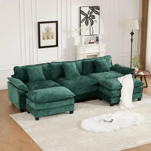 Vista 174 de Sofá seccional modular verde de 111.5", sofás seccionales grandes de 3 plazas para sala de estar, sofá nube oversized de tela chenille con otomana
