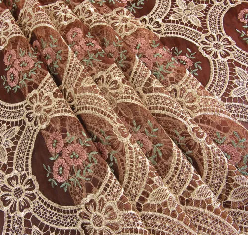 Vista 2 de Mantel de encaje vintage burdeos bordado redondo 48 pulgadas