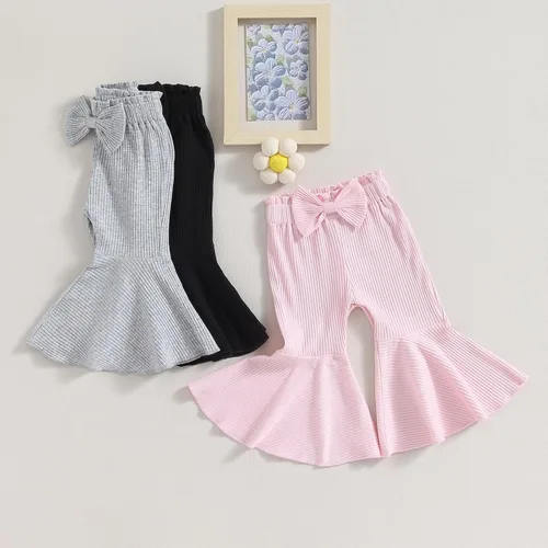 Vista 8 de TINXIEA Paquete de 3 pantalones acampanados para niñas pequeñas, pantalones acanalados sueltos con lazo, pantalones acampanados, paquete de 3