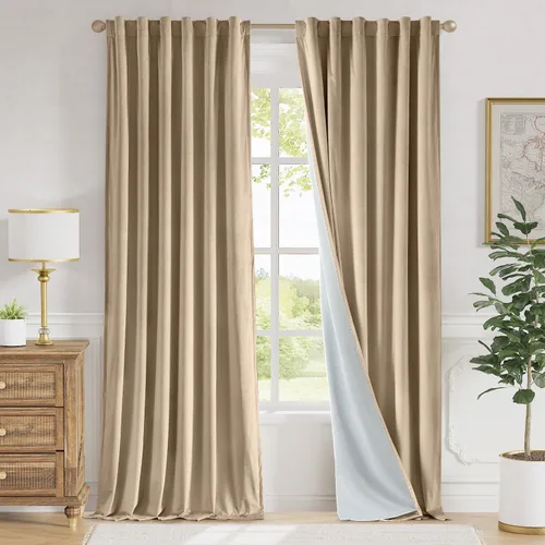 Vista 90 de Lazzzy Cortinas opacas de terciopelo beige de 84 pulgadas de largo con aislamiento térmico para oscurecer la habitación, cortinas forradas de lujo