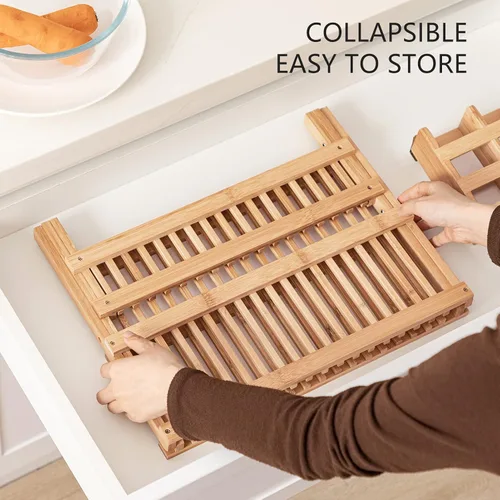 Vista 4 de HBlife Escurreplatos plegable de bambú de 2 niveles con soporte para utensilios y plato de platos, tazón, tazón, tapa de olla, tabla de cortar