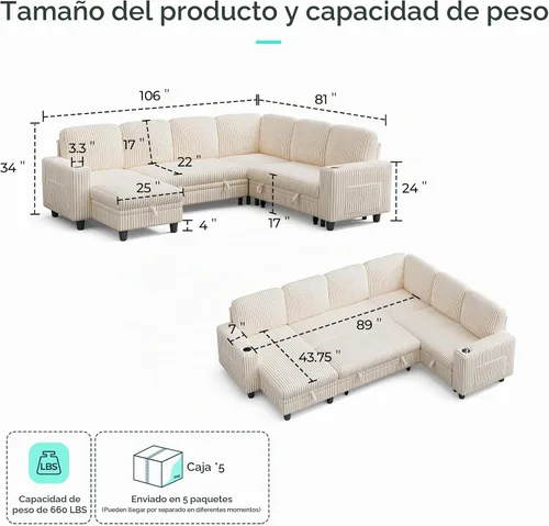 Vista 2 de LINSY HOME Camillas seccionales para sala de estar, 81 pulgadas en forma de U, 6 asientos, beige