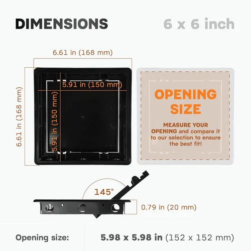 Vista 2 de Panel de acceso de plástico negro de 6" x 6". Panel de puerta de conducto de servicio. Panel de acceso de pared para fontanería, electricidad