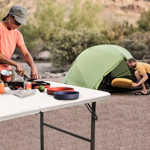 Vista 5 de Mesa plegable de 4 pies, mesas portátiles de plástico para comedor, fiestas, tarjetas, picnic, camping, granito, blanco