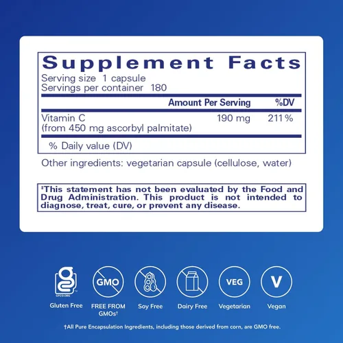 Vista 2 de Pure Encapsulations Palmitato de ascorbilo Suplemento de vitamina C para apoyar la absorción de hierro y un sistema inmunológico saludable* 180