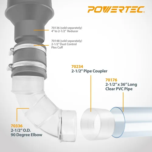 Vista 2 de POWERTEC 70469 Tubo de PVC transparente de 2-1/2" x 36" de largo, codo de 90 grados OD de 2-1/2" y acoplamiento de tubería de 2-1/2" para manguera