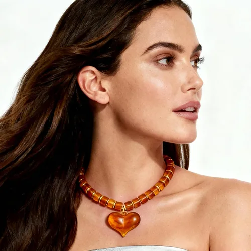 Vista 3 de Dr's gift Collar grueso para mujer, collar de corazón con dije de corazón de acrílico naranja, gargantilla de cuentas gruesas ámbar con colgante