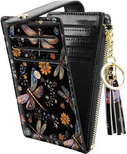 Vista 12 de Cartera delgada con bloqueo RFID para mujer, cartera de cuero con múltiples tarjetas, cartera plegable con borla, bolsillo con cremallera