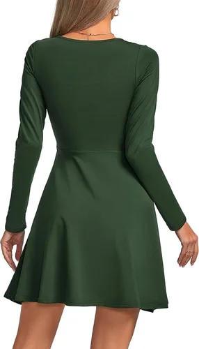 Vista 2 de Umenlele Vestido corto de manga larga con cuello redondo para mujer, estilo casual, fluido, con vuelo, corto