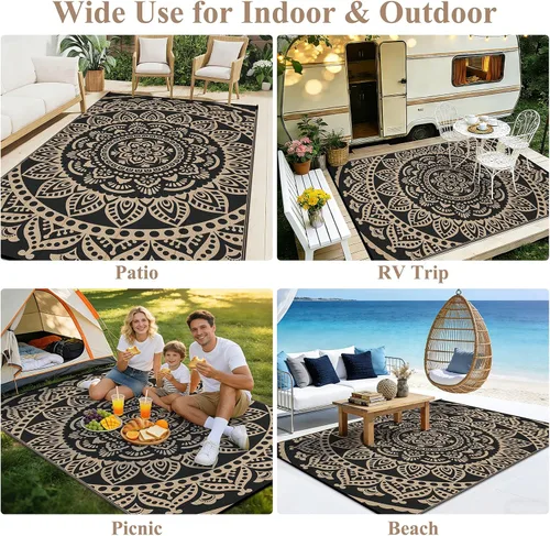 Vista 9 de Bsmathom Alfombra impermeable para exteriores de 5'x8' reversible de pajita de plástico estilo boho para patio, terraza, camping, alfombras para RV
