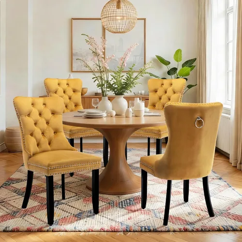 Vista 139 de Juego de 2 sillas de comedor de terciopelo con patas de madera, color beige Mid Century Modern Dining Chairs,Upholstered Chairs with Nailhead