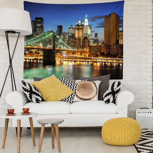 Vista 4 de Loccor Tapiz de la ciudad de Nueva York, puente de Brooklyn, Manhattan, horizonte nocturno, río Hudson, tapiz de pared de rascacielos urbano