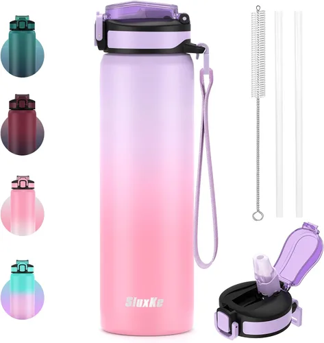 Vista 9 de SLUXKE Botella de agua de 24 onzas aislada con pajilla, botella de agua de acero inoxidable 18/8 de doble pared con correa de transporte, botella