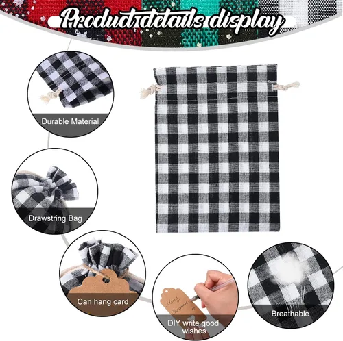 Vista 3 de Shappy 24 bolsas de Navidad con cordón, bolsas de arpillera a cuadros de Navidad, bolsas de lino con cuerda de 32.8 pies, 24 tarjetas