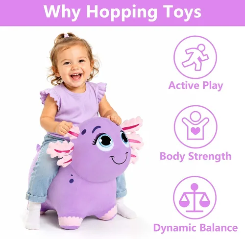 Vista 2 de Bouncy Pals Caballo saltador de ajolote morado, tolva inflable de animales para niñas pequeñas, juguete de salto al aire libre para niños, juguete