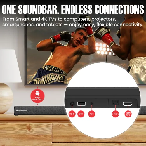 Vista 5 de Audiosource - Barra de sonido 2.1, subwoofer inalámbrico con Dolby Atmos, 120 W RMS y salida máxima de 240 W, diseño compacto, transmisión Bluetooth