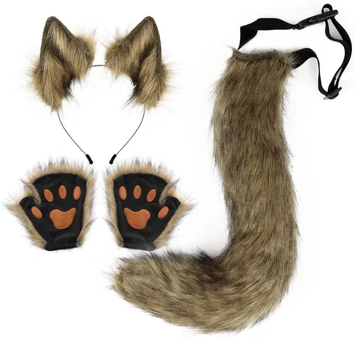 Vista 7 de Angela0123 - 1 juego de guantes de diadema con orejas de zorro de felpa diadema de lolita cola de gato cosplay para mujer fiesta de máscaras pelo