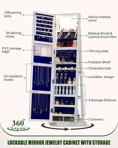 Vista 5 de Dystler Armario de joyería con espejo con almacenamiento Armario de joyería con espejo de longitud completa 360 giratorio y luces LED Organizador