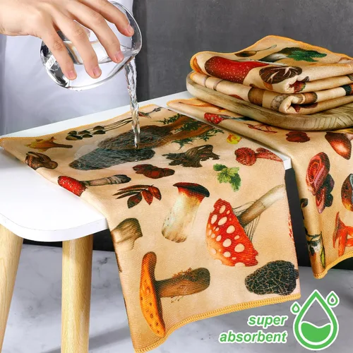 Vista 4 de Preboun Juego de 4 paños de cocina de hongos, 16 x 24 pulgadas, poliéster, color hongo, patrón geométrico, paño de cocina, toallas