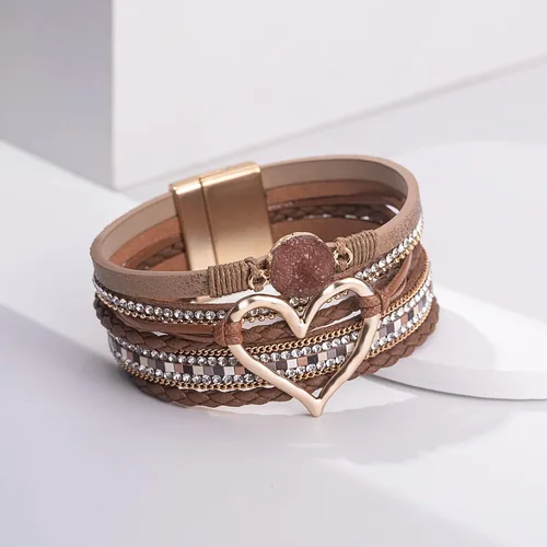 Vista 6 de FANCY SHINY Pulseras de cuero con forma de corazón, apilables, bohemias, pulseras de diamantes de imitación de resina de moda con cierre magnético