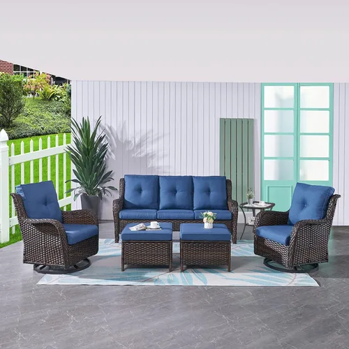 Vista 15 de HUMMUH Juego de 2 Sillas Giratorias Mecedoras de Mimbre para Patio Exterior, Juego de Muebles de Sillas Mecedoras de Ratán (Marrón, Azul) 50,000