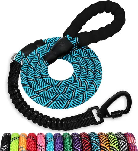 Vista 16 de Correa de perro de cuerda de 3 pies: correa resistente con gancho giratorio bloqueable, hilos reflectantes, bungee y asa acolchada - Correa