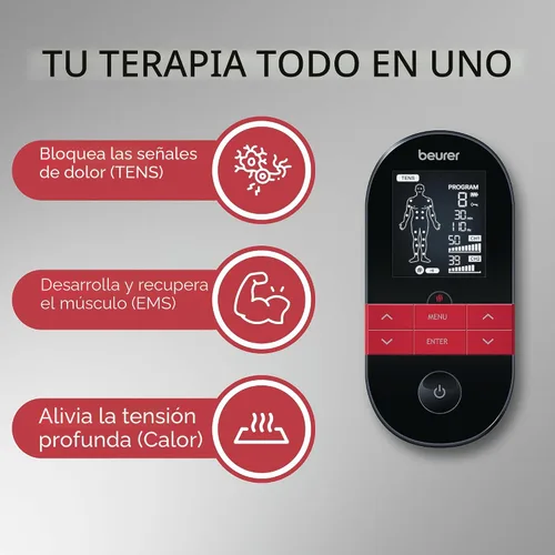 Vista 2 de Beurer EM59 Unidad TENS digital 3 en 1, EMS y terapia de calor para alivio del dolor y relajación, estimulador muscular con 2 canales ajustables, 64