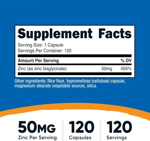 Vista 2 de Nutricost Bisglicinato de zinc (50 mg) 120 cápsulas veganas, sin OMG, suplemento sin gluten