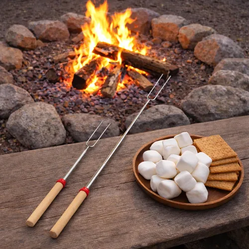 Vista 7 de Smores Sticks para hoguera, palos para asar malvaviscos de 32 pulgadas, tenedores extensibles de acero inoxidable con asas de madera, kit de 8