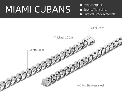 Vista 2 de CaptainSteeL Miami - Collar de cadena cubana para hombresmujeres, acero inoxidable 316L, 50.354 in de ancho, 18202224 pulgadas de largo, joyería